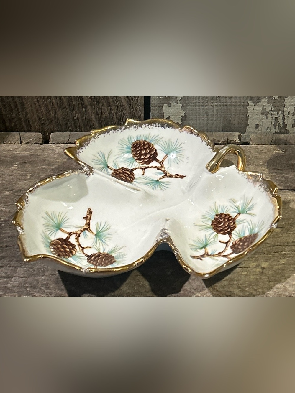 Vintage Hand-Painted Porcelain Pinecone 3-Compartment Relish Dish